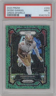 Deebo Samuel from the 2023 Panini Prizm set featuring a Green Sparkle parallel graded by PSA and given an overall grade of 9.