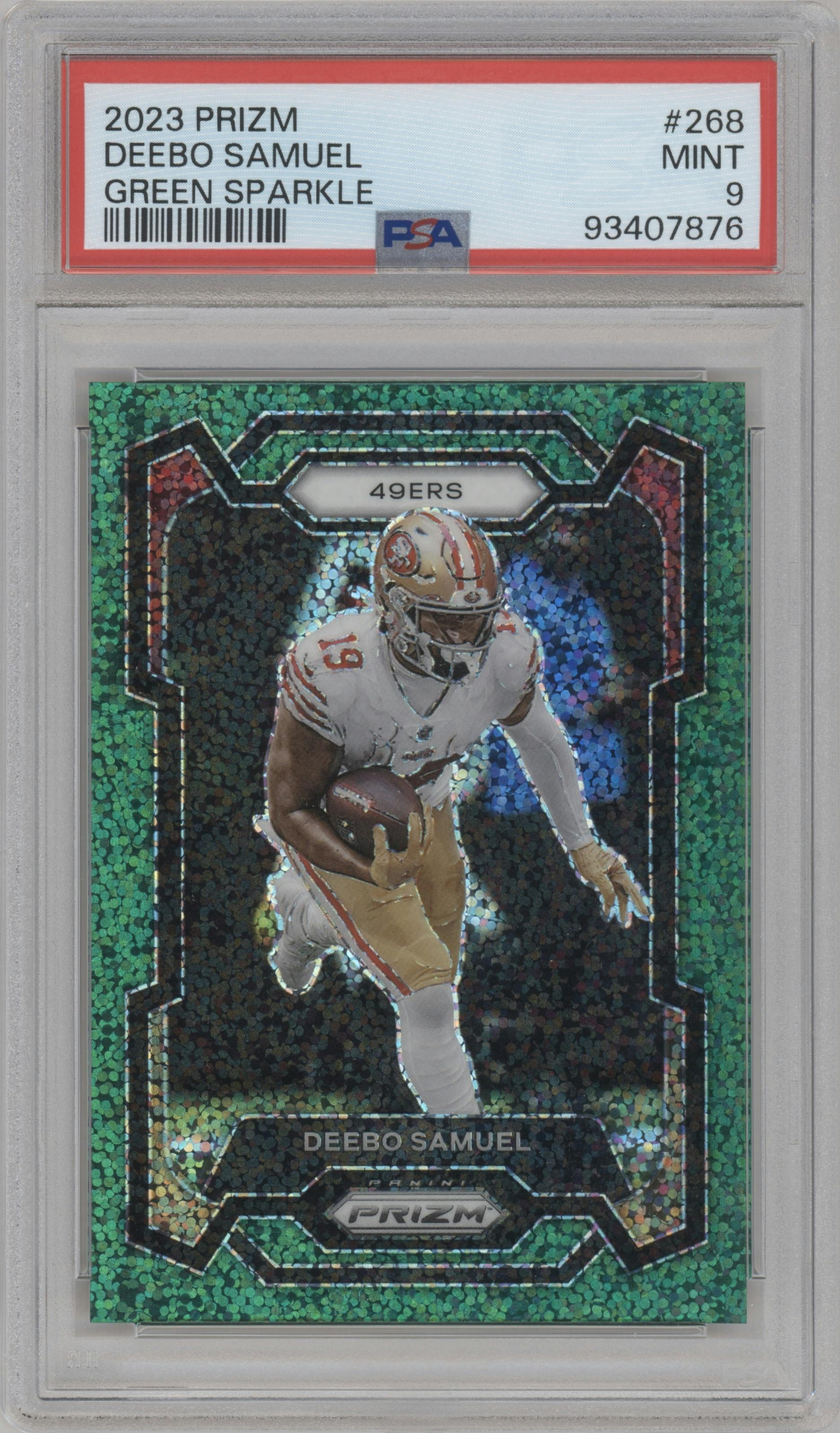 Deebo Samuel from the 2023 Panini Prizm set featuring a Green Sparkle parallel graded by PSA and given an overall grade of 9.