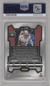 Deebo Samuel from the 2023 Panini Prizm set featuring a Green Sparkle parallel graded by PSA and given an overall grade of 9.