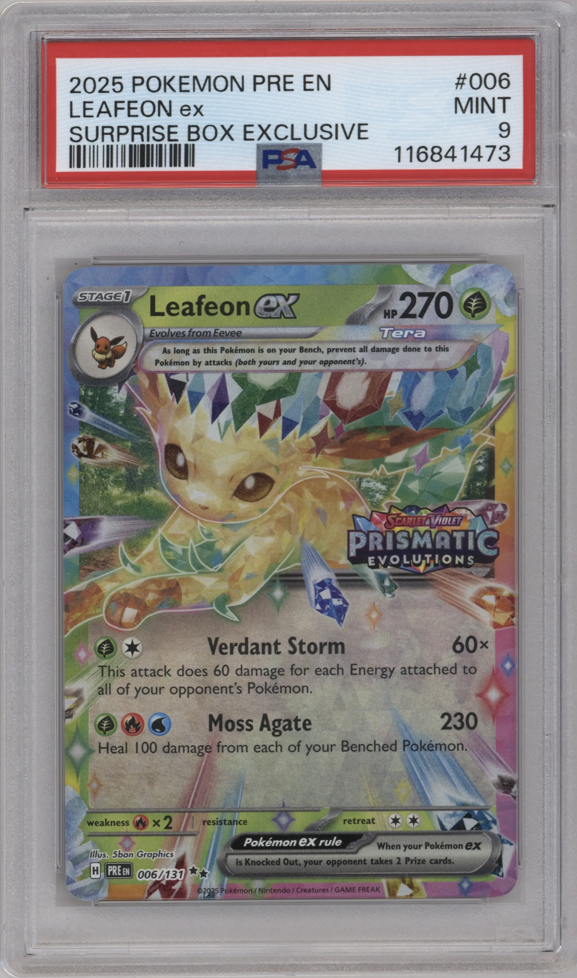 2025 Pokemon SV Prismatic Evolutions Leafeon ex Prismatic Evolutions Surprise Box #006 PSA 9