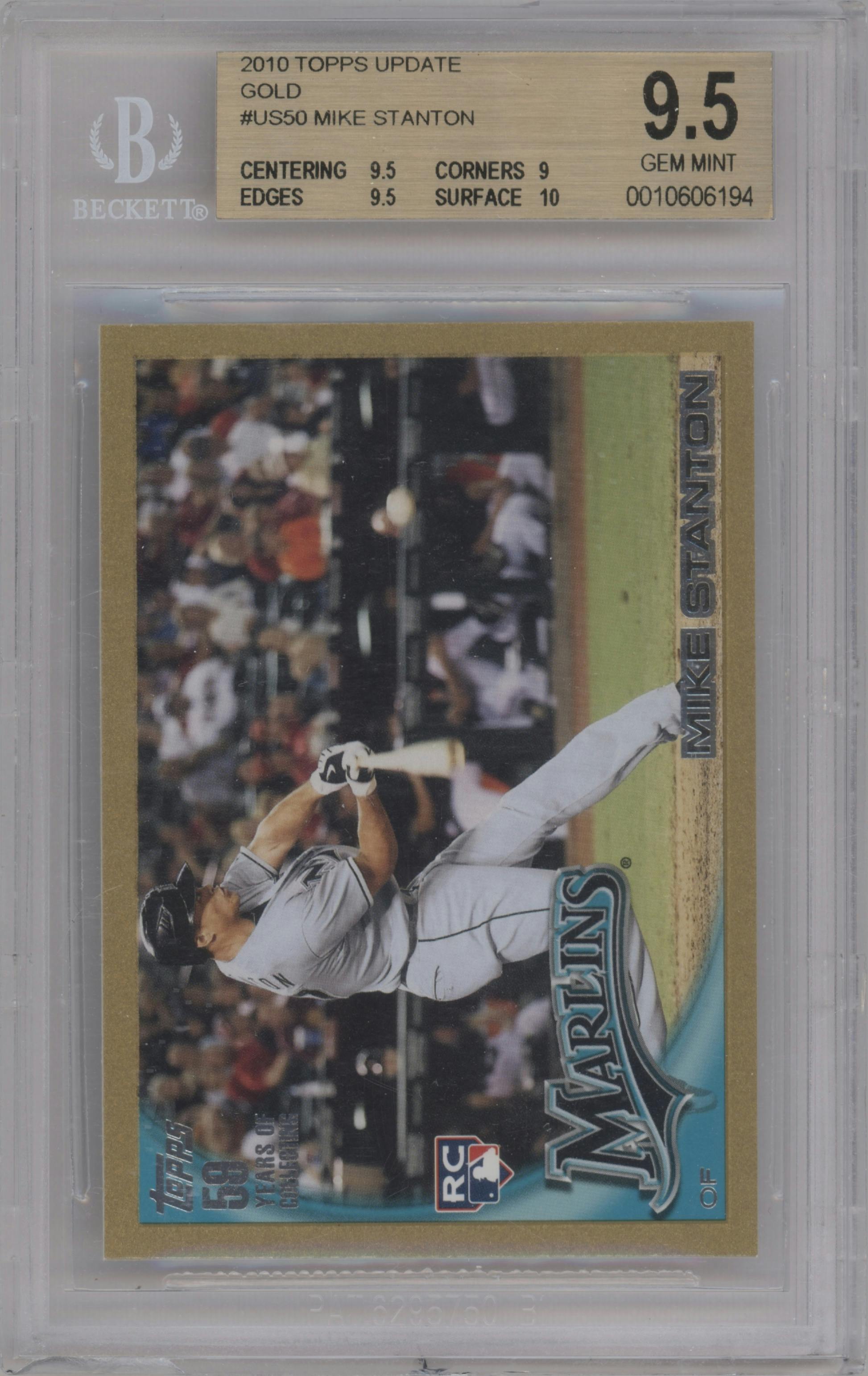 Mike Stanton from the 2010 Topps Update set featuring a Gold parallel graded by Beckett and given an overall grade of 9.5.