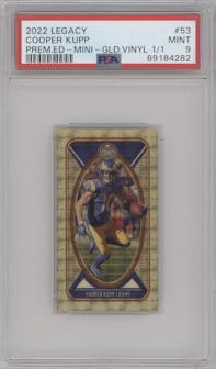 Cooper Kupp from the 2022 Panini Legacy set featuring a Premium Edition Mini Gold Vinyl parallel graded by PSA and given an overall grade of 9.