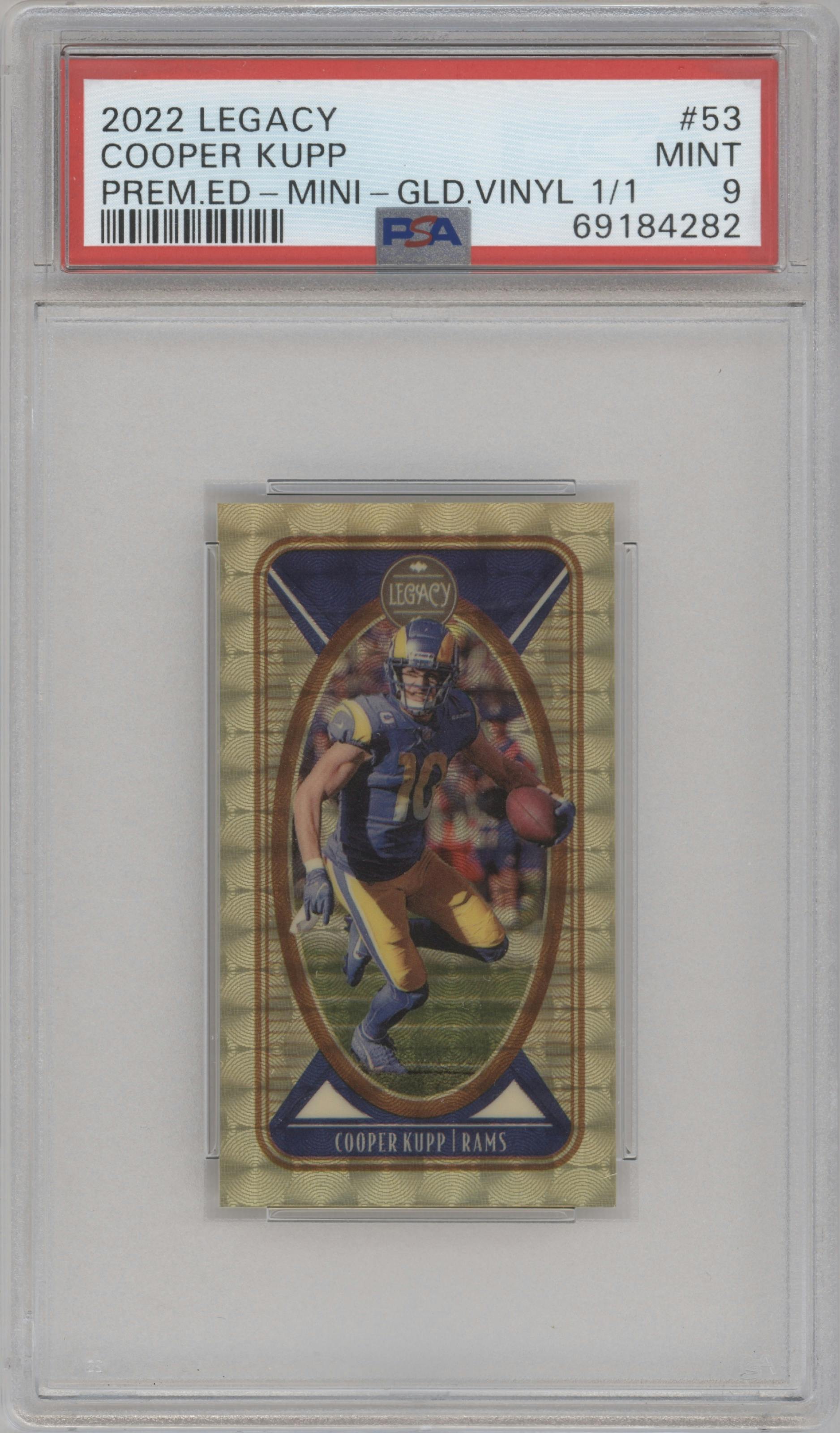 Cooper Kupp from the 2022 Panini Legacy set featuring a Premium Edition Mini Gold Vinyl parallel graded by PSA and given an overall grade of 9.