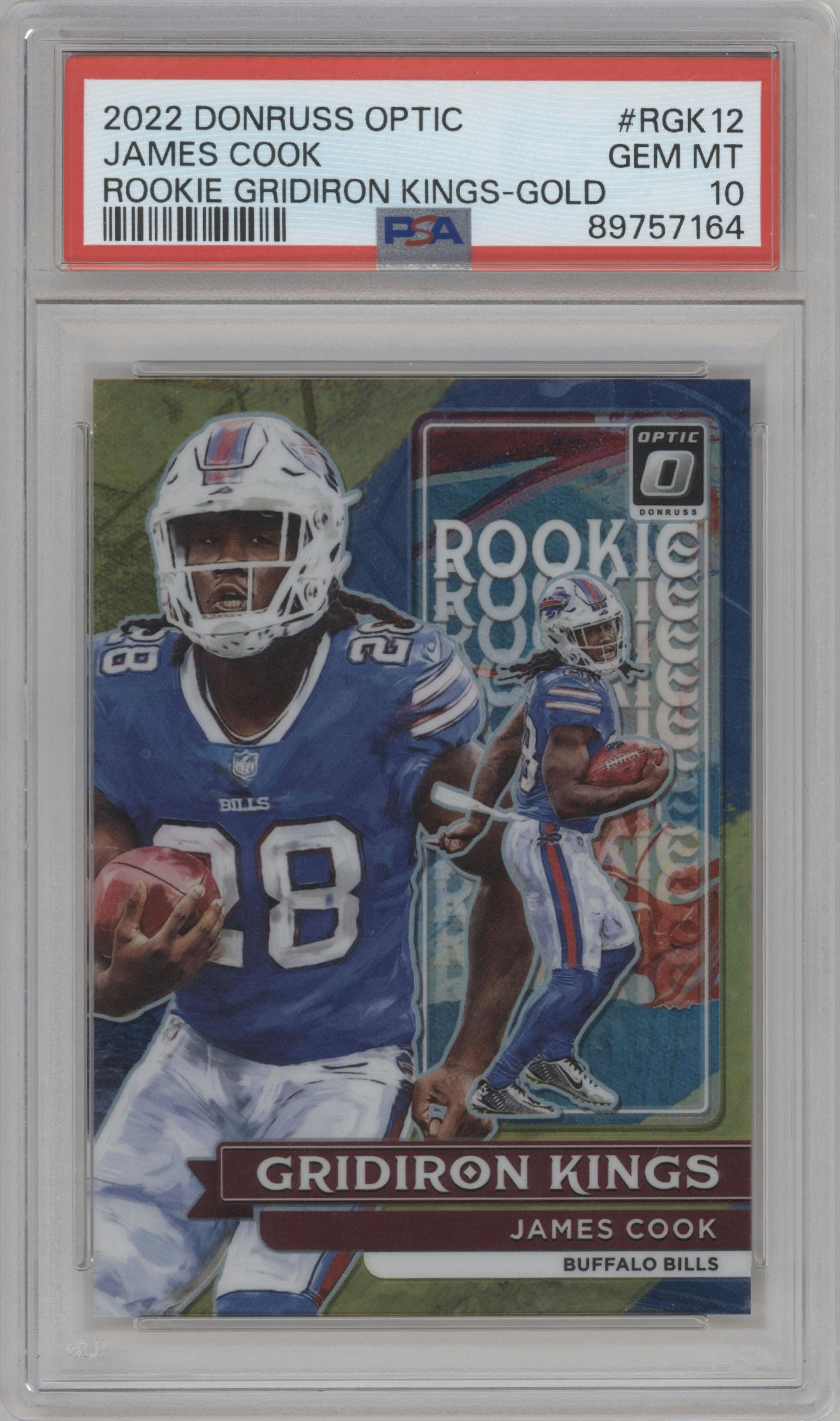 James Cook from the 2022 Panini Donruss Optic set featuring a Gold parallel graded by PSA and given an overall grade of 10.