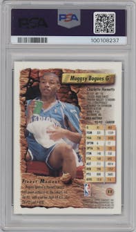 Muggsy Bogues from the 1993-94 Topps Finest  set featuring a Refractor parallel graded by PSA and given an overall grade of 8.