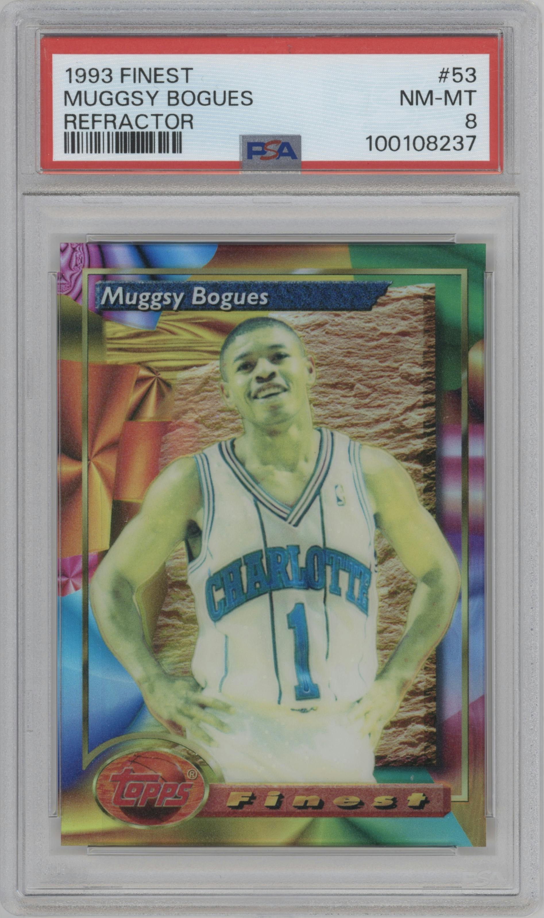 Muggsy Bogues from the 1993-94 Topps Finest  set featuring a Refractor parallel graded by PSA and given an overall grade of 8.