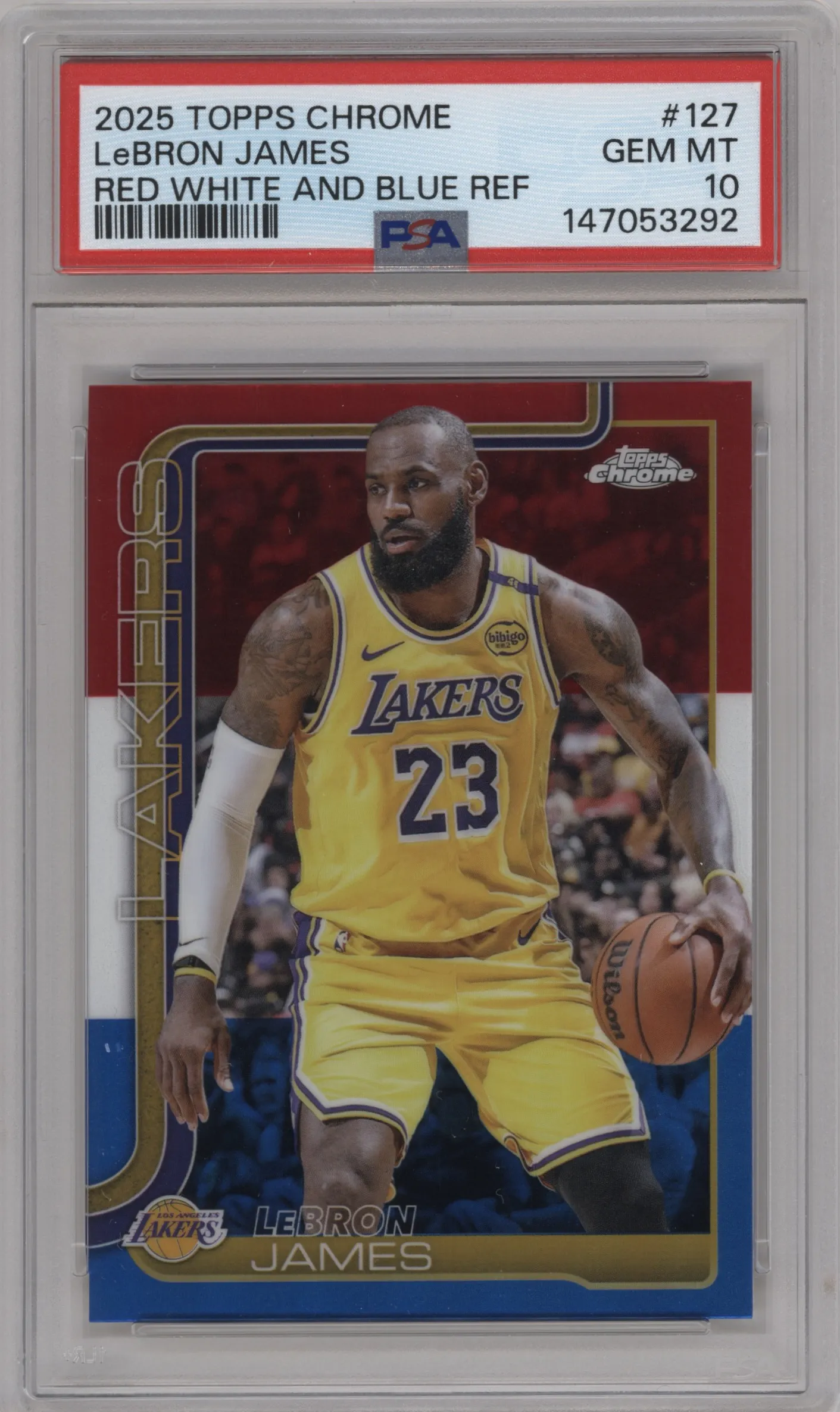 2025 Topps Chrome LeBron James Red/White/Blue Refractor #127 PSA 10