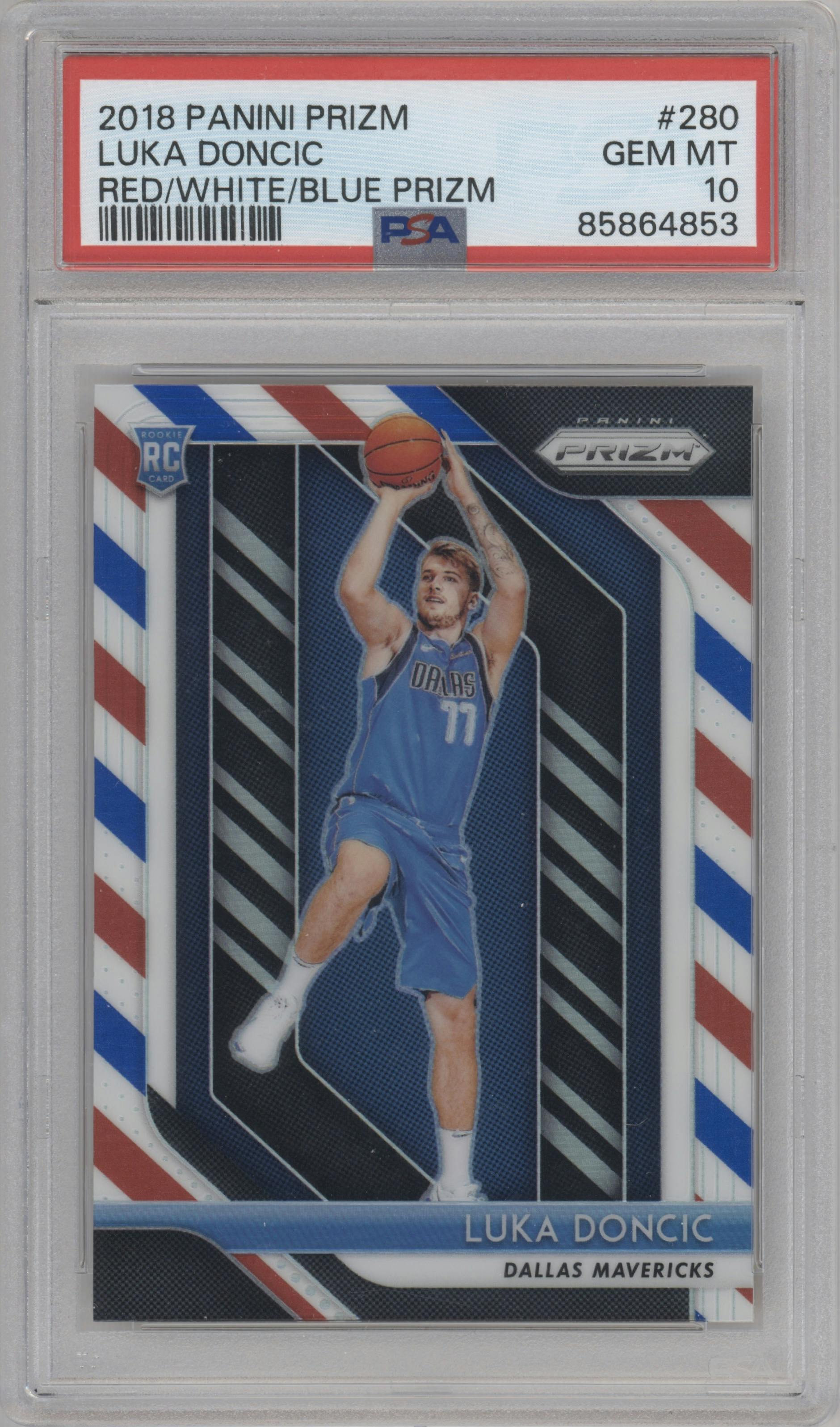 Luka Doncic from the 2018-19 Panini Prizm set featuring a Red White Blue Prizm parallel graded by PSA and given an overall grade of 10.