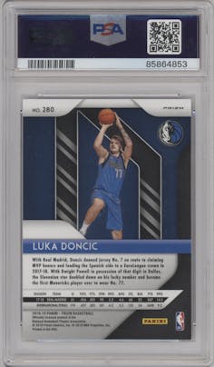 Luka Doncic from the 2018-19 Panini Prizm set featuring a Red White Blue Prizm parallel graded by PSA and given an overall grade of 10.