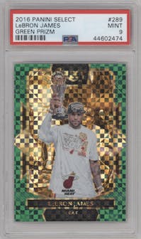 LeBron James from the 2016-17 Panini Select set featuring a Green Prizm parallel graded by PSA and given an overall grade of 9.