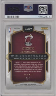 LeBron James from the 2016-17 Panini Select set featuring a Green Prizm parallel graded by PSA and given an overall grade of 9.