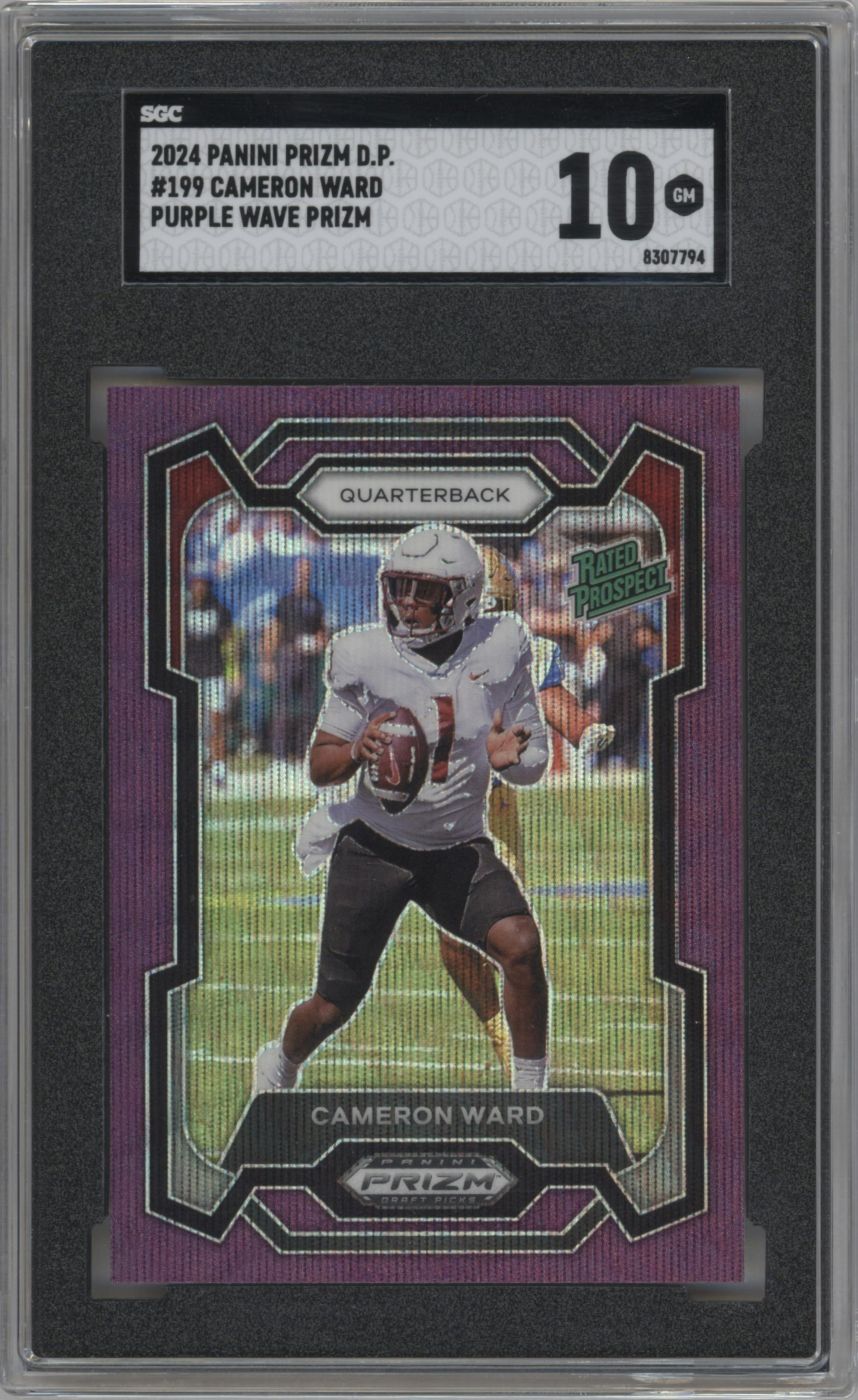 Cameron Ward  from the 2024 Panini Prizm Draft Picks set featuring a Purple Wave parallel graded by SGC and given an overall grade of 10.