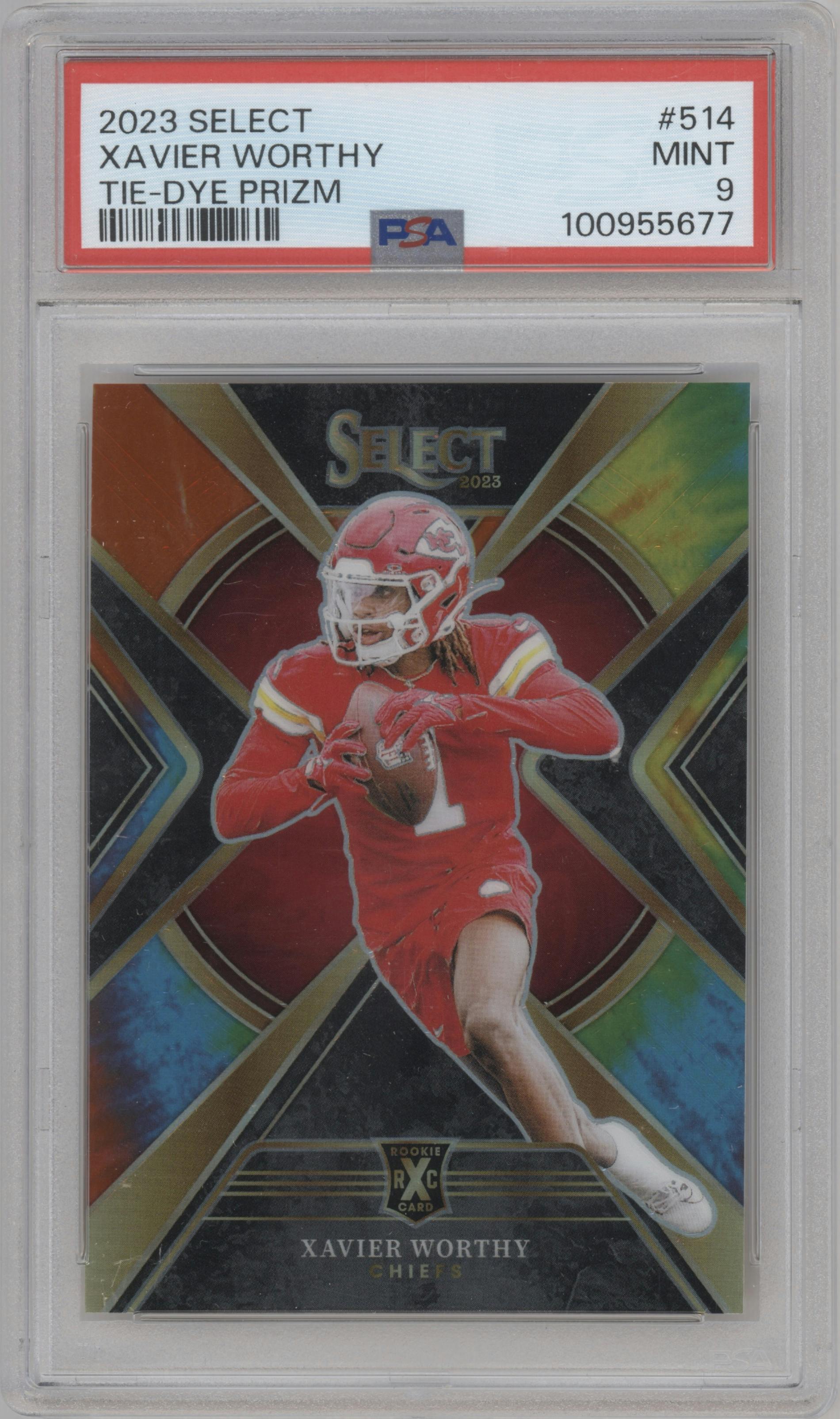 Xavier Worthy from the 2023 Panini Select set featuring a Tie-Dy Prizm parallel graded by PSA and given an overall grade of 9.