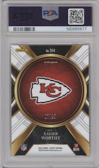 Xavier Worthy from the 2023 Panini Select set featuring a Tie-Dy Prizm parallel graded by PSA and given an overall grade of 9.