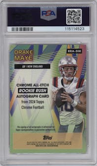 Drake Maye from the 2024 Topps Chrome set featuring a Orange Geometric Refractor parallel graded by PSA and given an overall grade of 10.