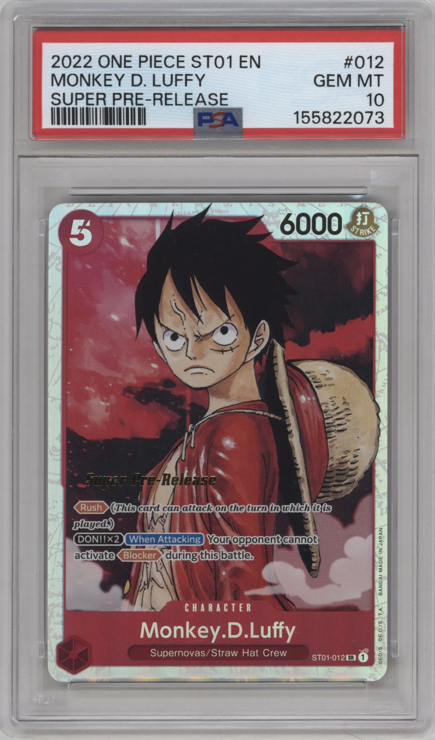2022 One Piece Straw Hat Crew Monkey.D.Luffy Super Pre-Release SR #ST01-012 SR PSA 10