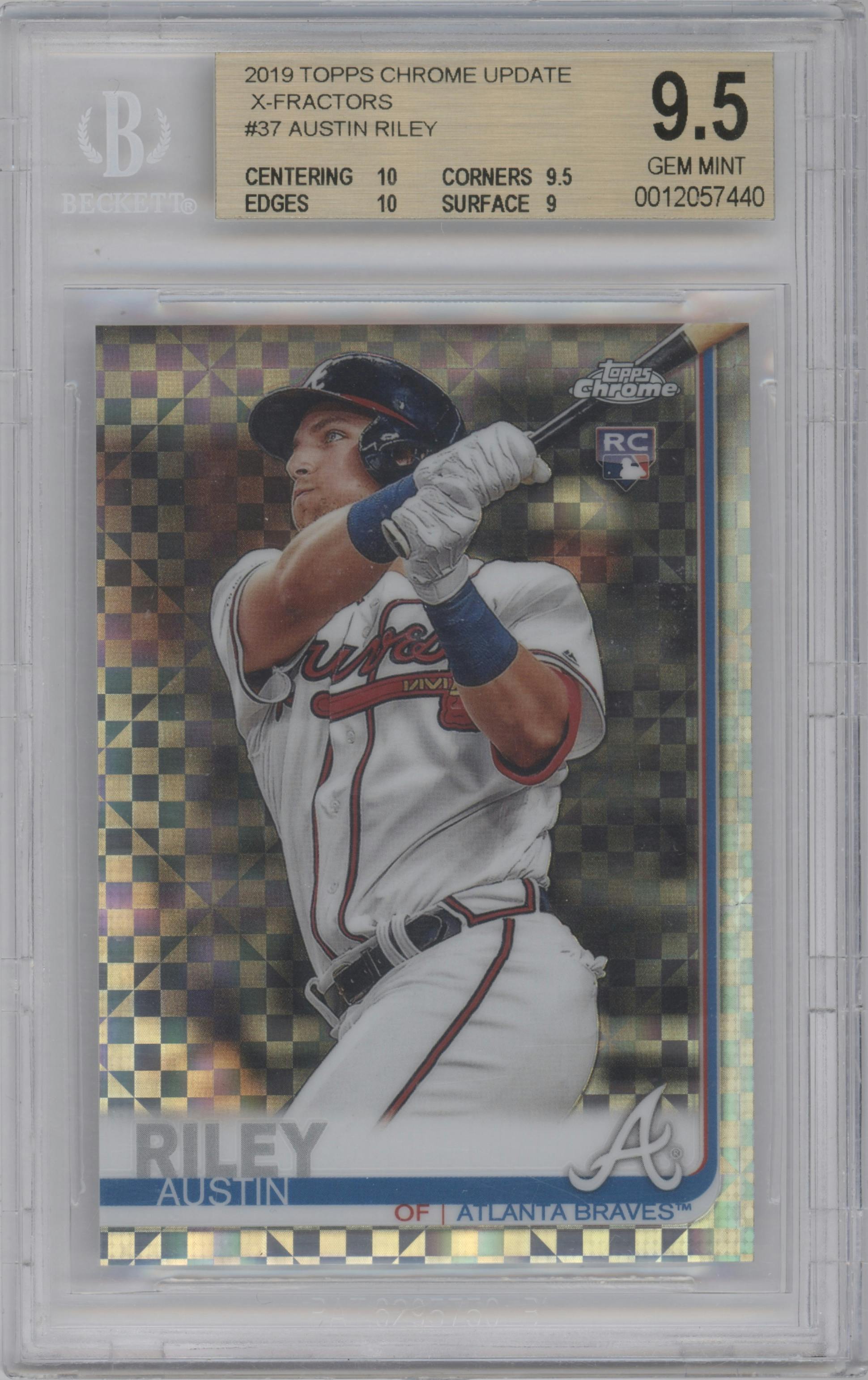 Austin Riley from the 2019 Topps Chrome Update set featuring a X-Fractor parallel graded by Beckett and given an overall grade of 9.5.