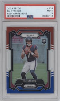C.J. Stroud from the 2023 Panini Prizm set featuring a Red White Blue Prizm parallel graded by PSA and given an overall grade of 9.