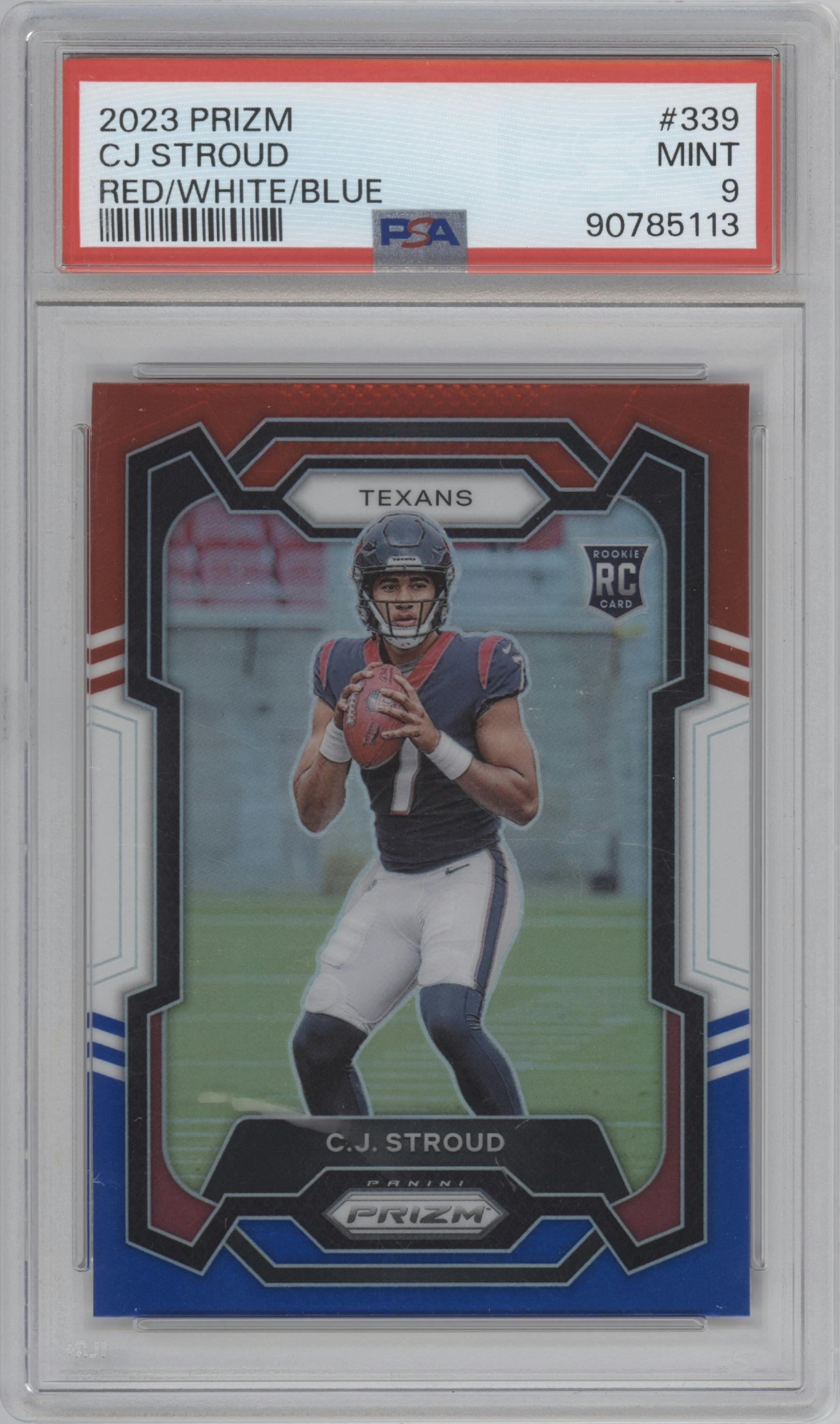 C.J. Stroud from the 2023 Panini Prizm set featuring a Red White Blue Prizm parallel graded by PSA and given an overall grade of 9.