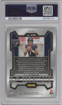 C.J. Stroud from the 2023 Panini Prizm set featuring a Red White Blue Prizm parallel graded by PSA and given an overall grade of 9.