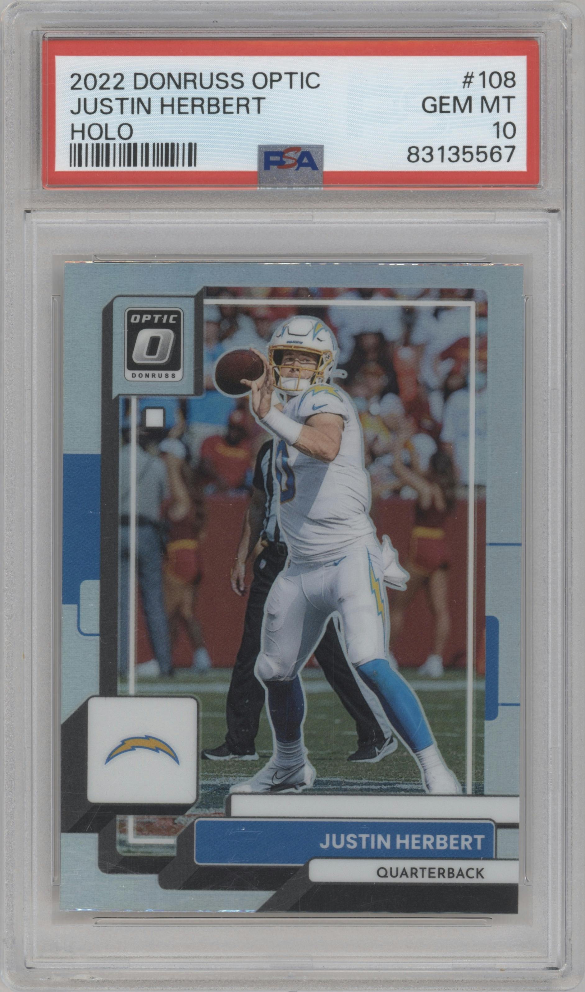 Justin Herbert from the 2022 Panini Donruss Optic set featuring a Holo parallel graded by PSA and given an overall grade of 10.