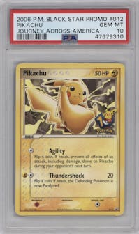Pikachu from the 2006 Pokemon EX set featuring a Journey Across America parallel graded by PSA and given an overall grade of 10.