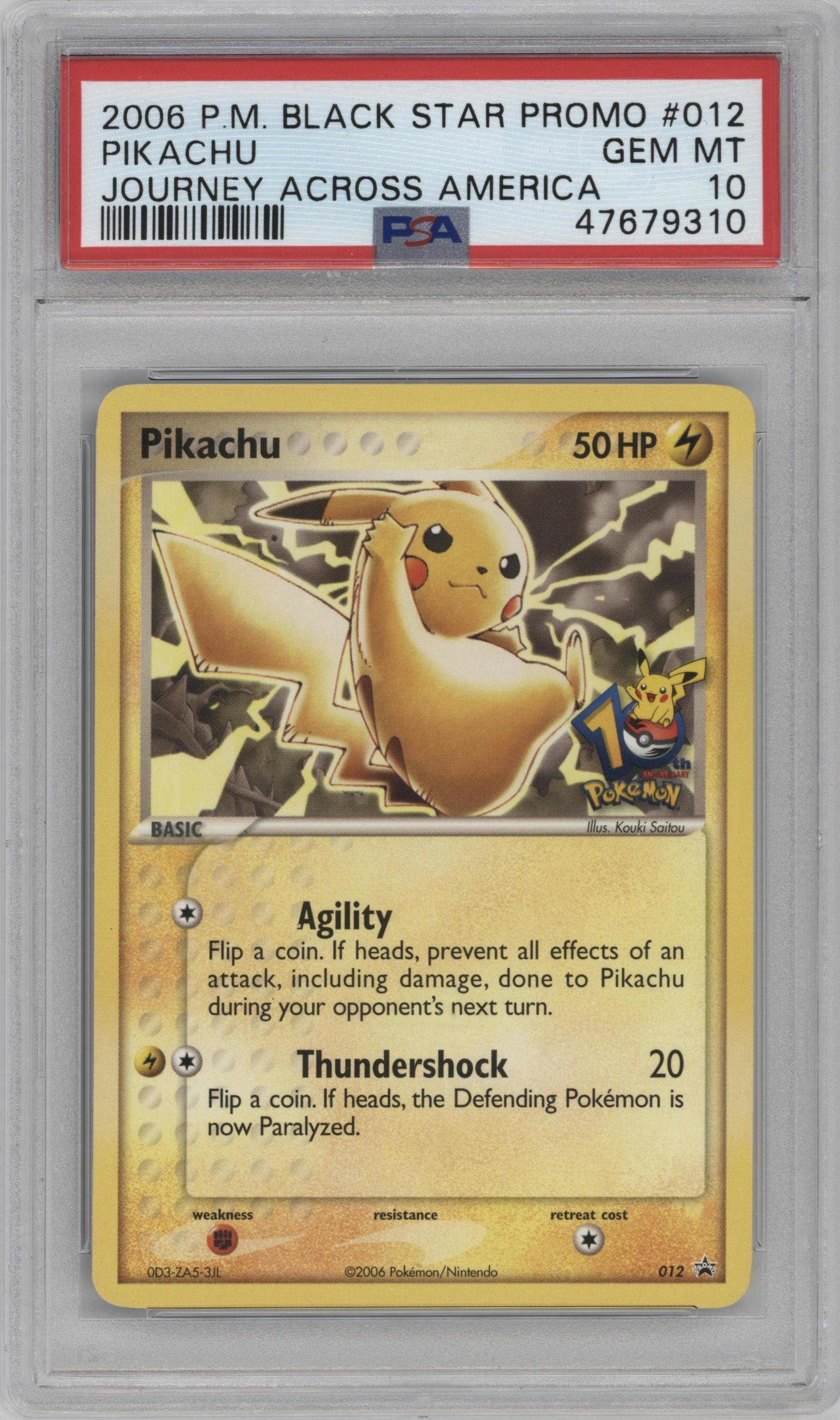 Pikachu from the 2006 Pokemon EX set featuring a Journey Across America parallel graded by PSA and given an overall grade of 10.