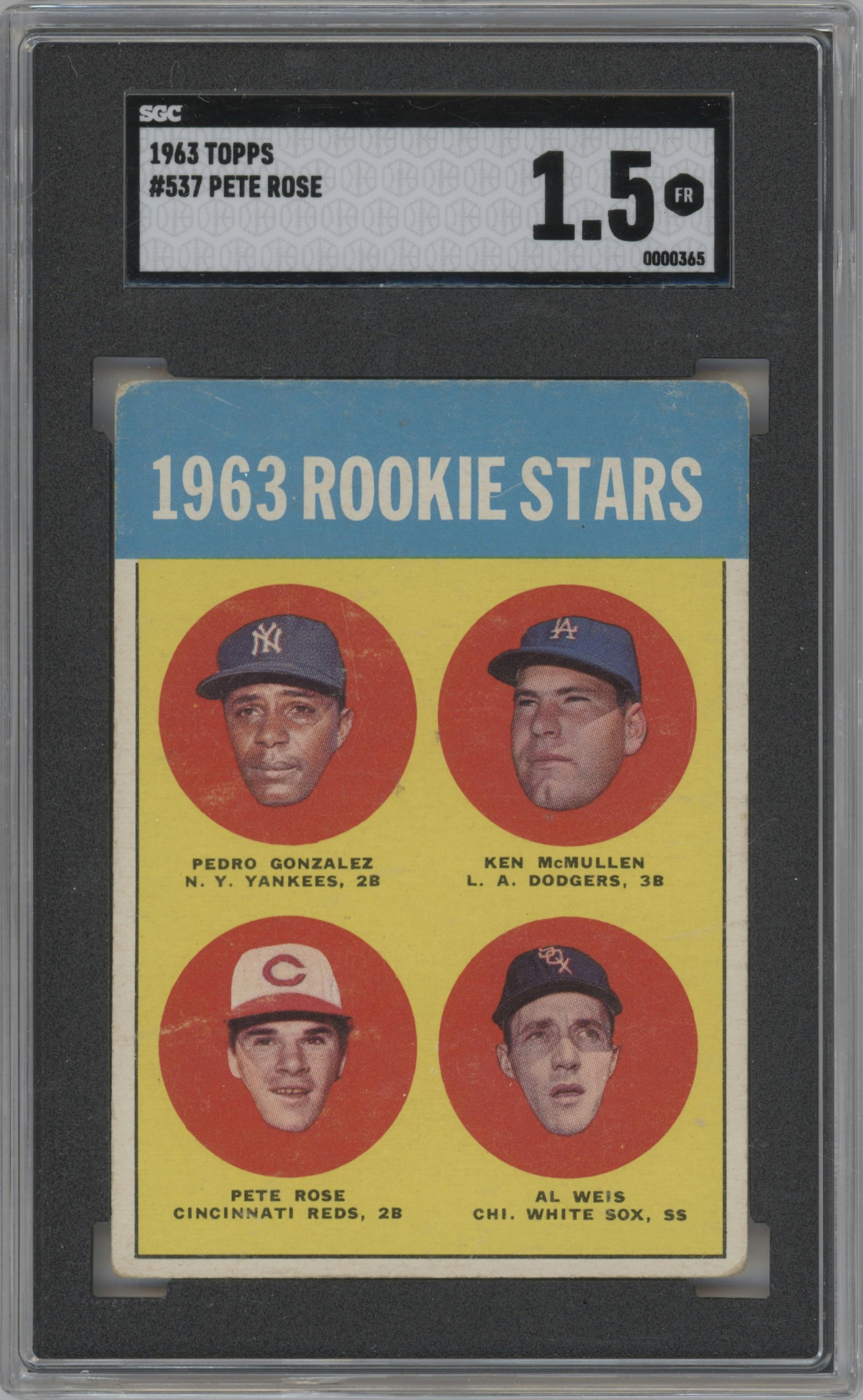 Pedro Gonzalez/Ken McMullen/Pete Rose/Al Weis from the 1963 Topps set graded by SGC and given an overall grade of 1.5.