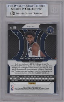Anthony Edwards from the 2020-21 Panini Prizm set featuring a Purple Prizm parallel graded by Beckett and given an overall grade of 9.