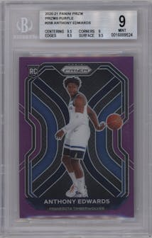 Anthony Edwards from the 2020-21 Panini Prizm set featuring a Purple Prizm parallel graded by Beckett and given an overall grade of 9.