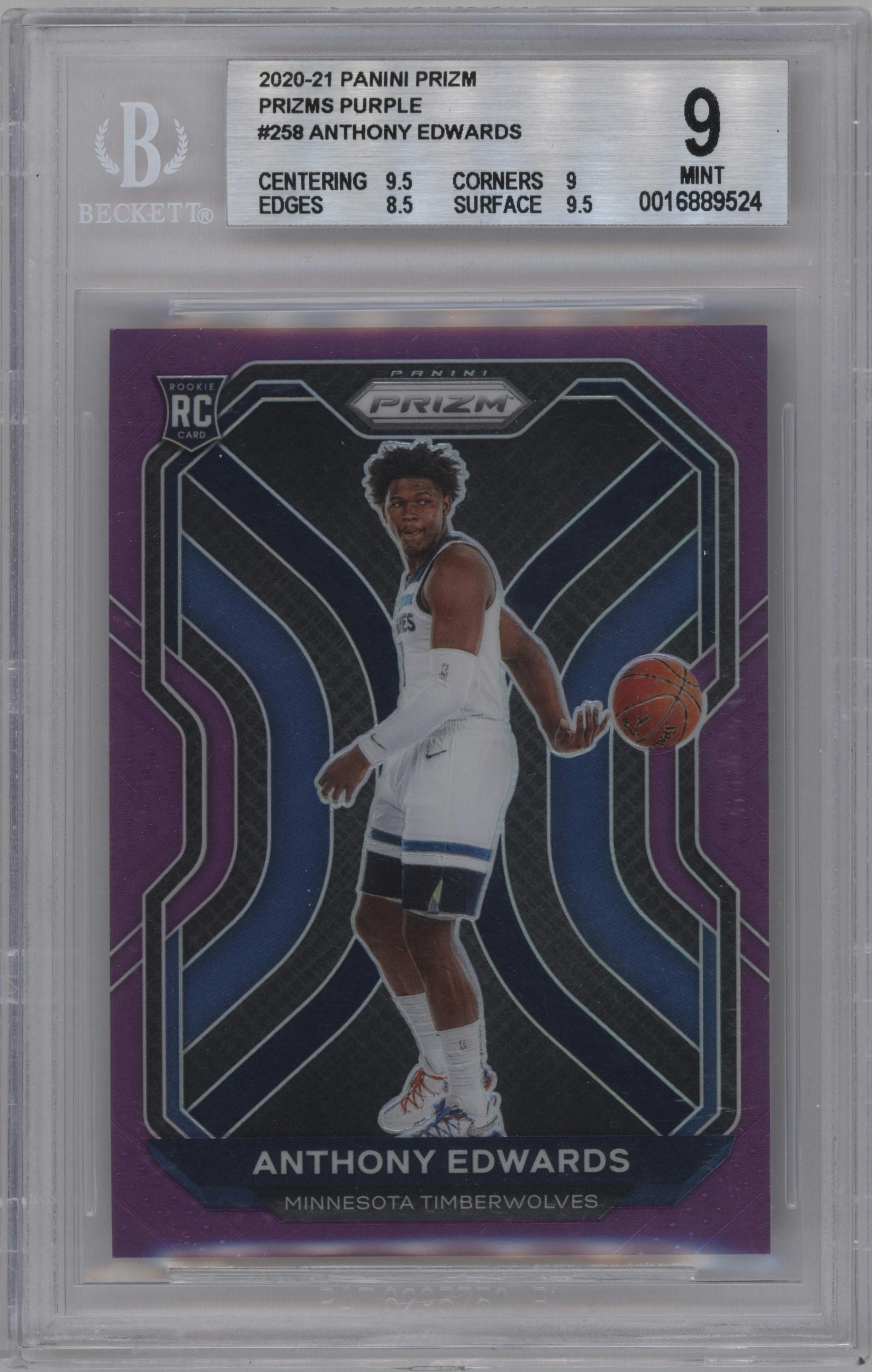 Anthony Edwards from the 2020-21 Panini Prizm set featuring a Purple Prizm parallel graded by Beckett and given an overall grade of 9.