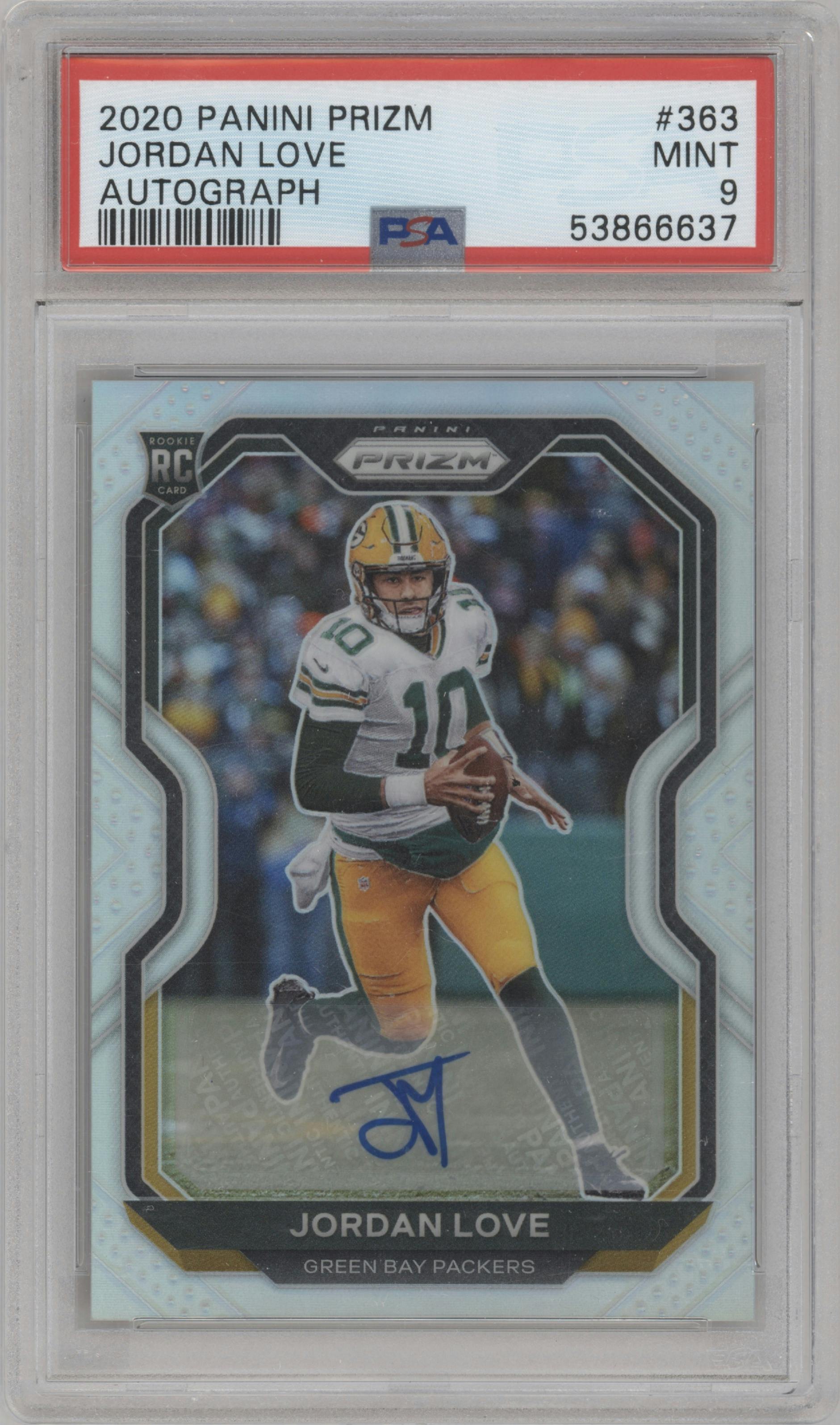 Jordan Love from the 2020 Panini Prizm set graded by PSA and given an overall grade of 9.