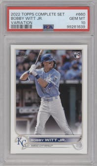 Bobby Witt Jr. from the 2022 Topps Complete Factory Set set graded by PSA and given an overall grade of 10.