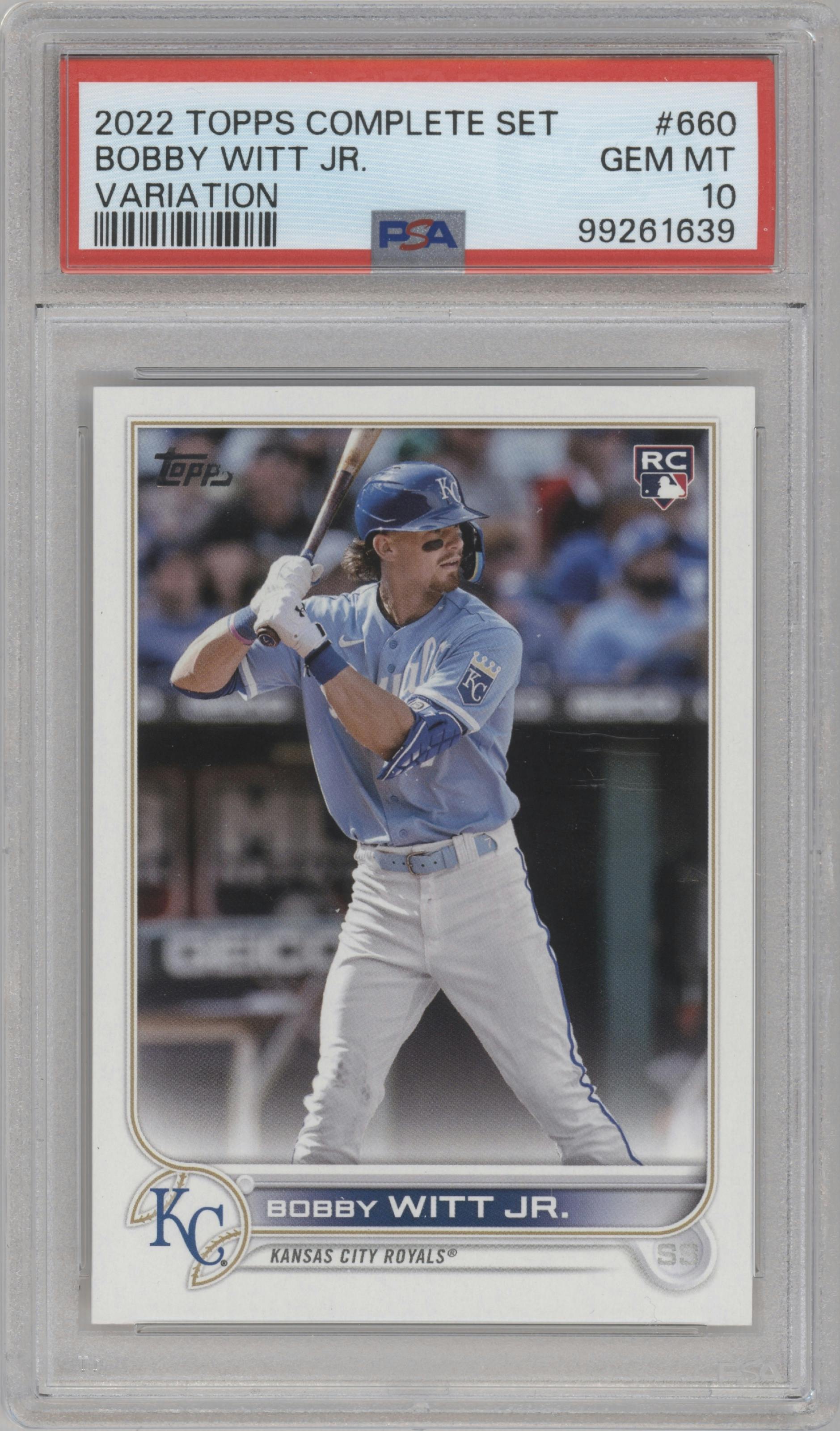 Bobby Witt Jr. from the 2022 Topps Complete Factory Set set graded by PSA and given an overall grade of 10.