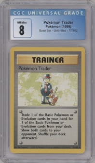 Pokemon Trader from the 1999 Pokemon set graded by CSG and given an overall grade of 8.