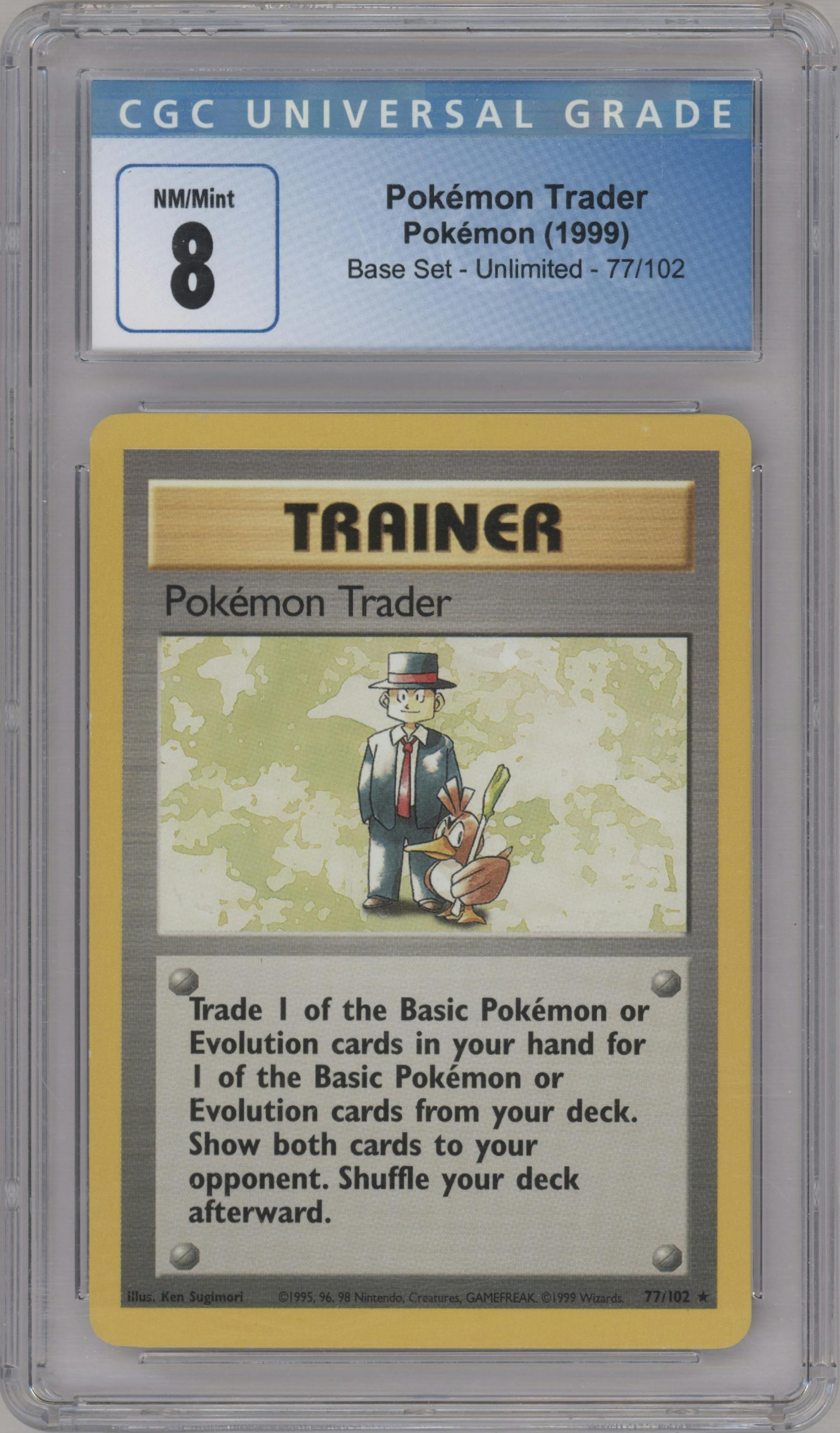 Pokemon Trader from the 1999 Pokemon set graded by CSG and given an overall grade of 8.