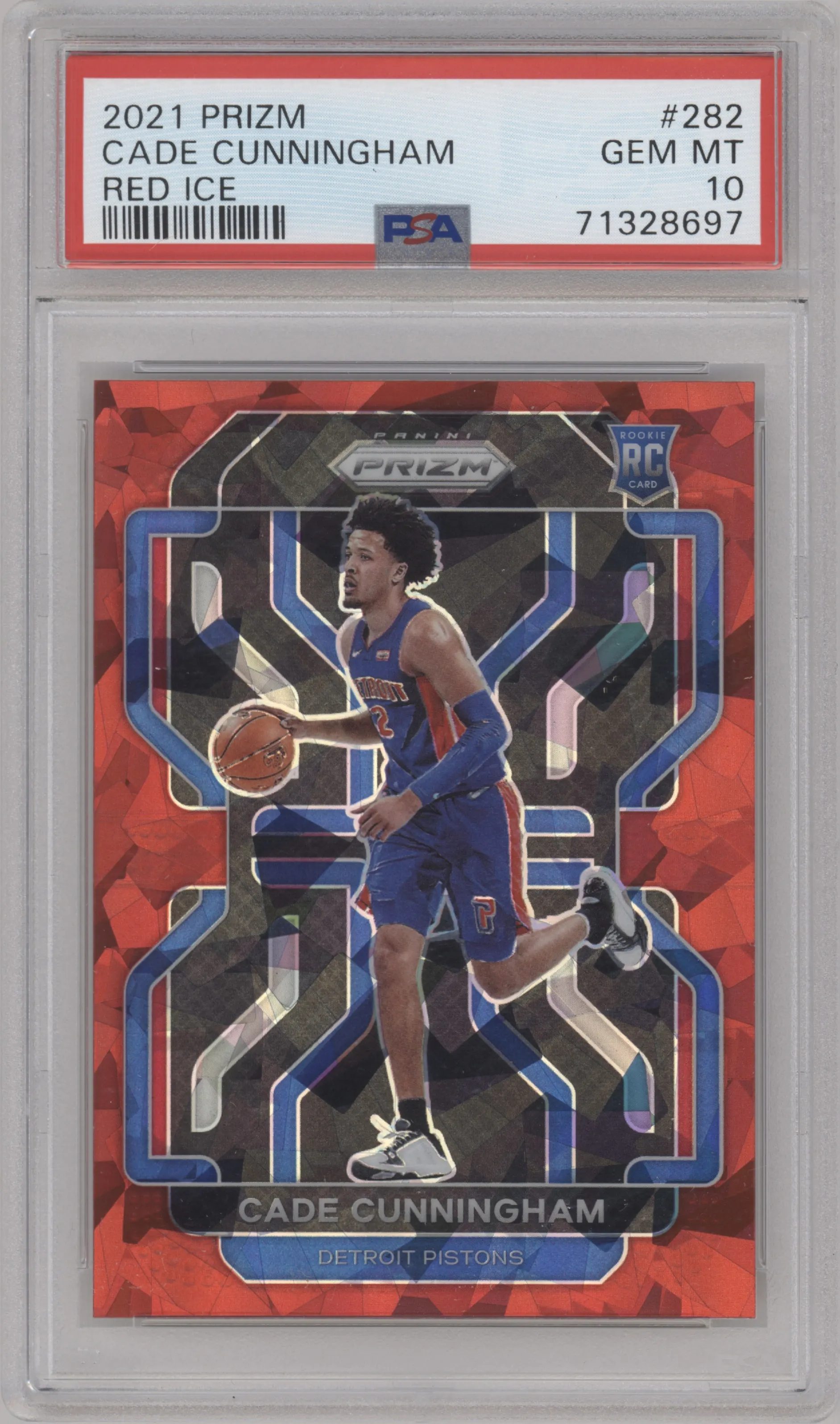 Cade Cunningham from the 2021-22 Panini Prizm  set featuring a Red Ice parallel graded by PSA and given an overall grade of 10.