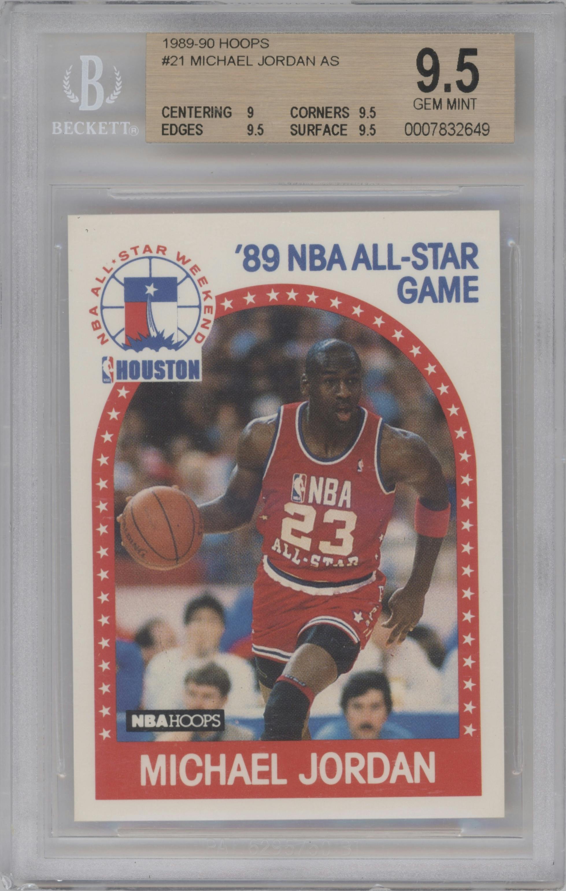 Michael Jordan from the 1989-90 NBA Hoops  set graded by Beckett and given an overall grade of 9.5.