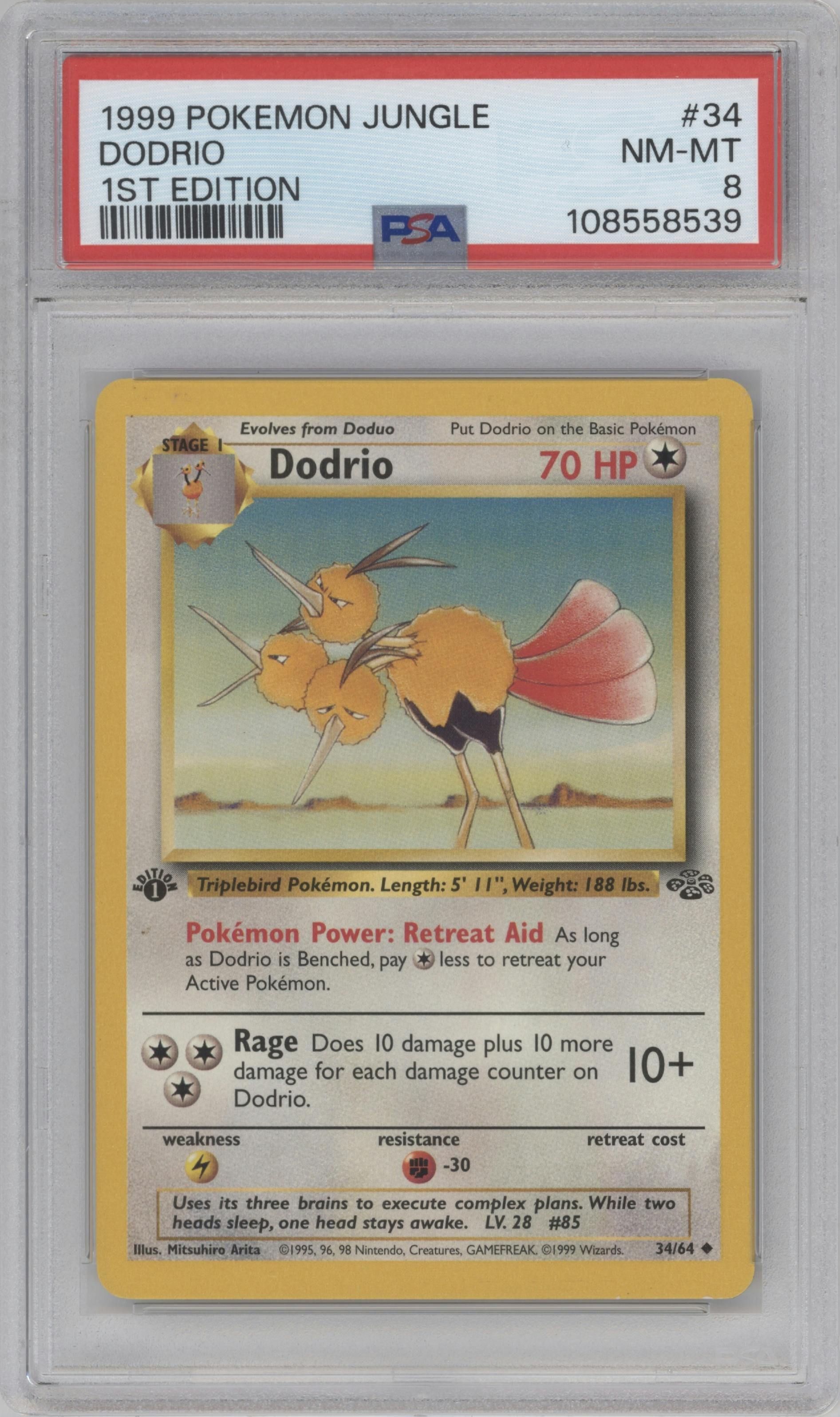 Dodrio from the 1999 Pokemon set graded by PSA and given an overall grade of 8.