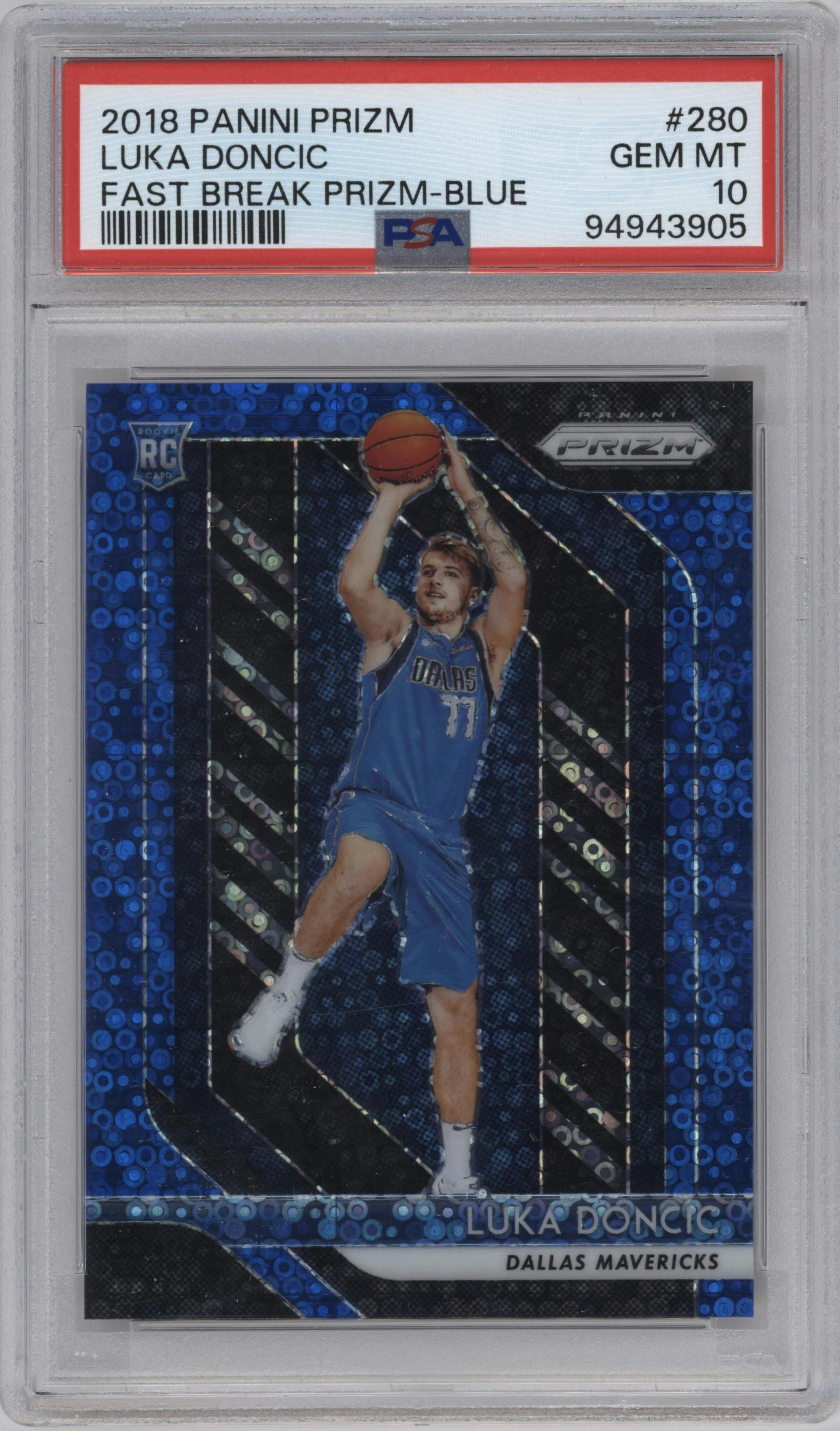 Luka Doncic from the 2018-19 Panini Prizm set featuring a Fast Break Blue parallel graded by PSA and given an overall grade of 10.