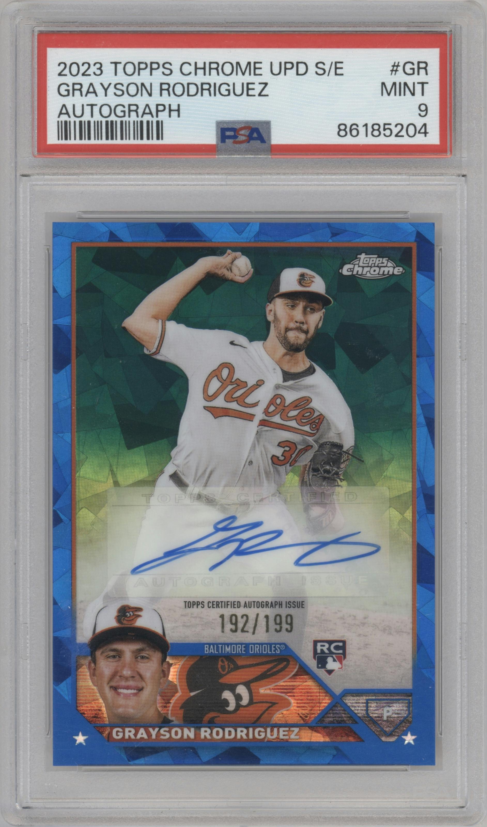 Grayson Rodriguez from the 2023 Topps Chrome Update Series Sapphire Edition set graded by PSA and given an overall grade of 9.