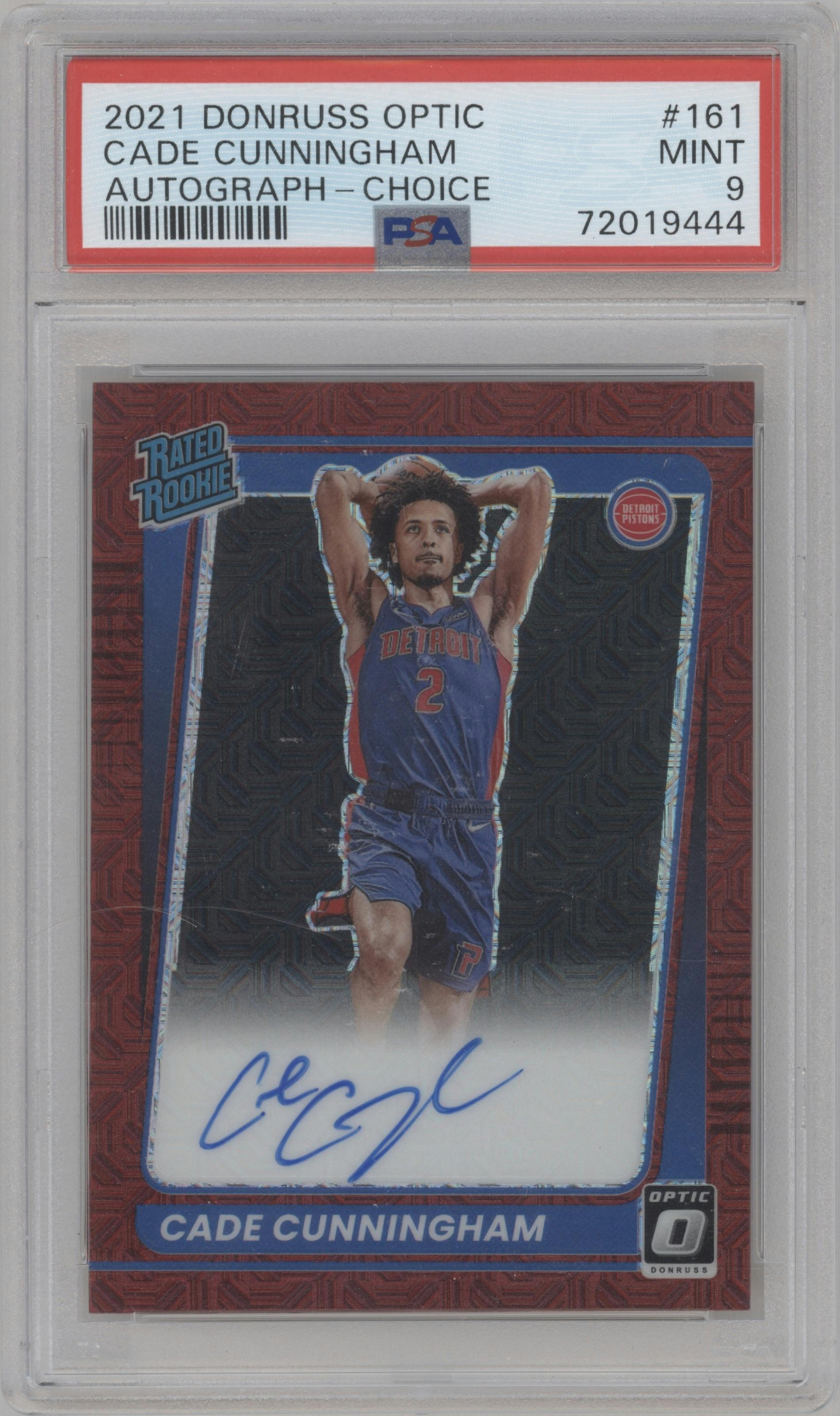 Cade Cunningham from the 2021-22 Panini Donruss Optic set featuring a Choice parallel graded by PSA and given an overall grade of 9.