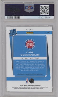 Cade Cunningham from the 2021-22 Panini Donruss Optic set featuring a Choice parallel graded by PSA and given an overall grade of 9.