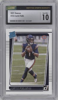Justin Fields from the 2021 Panini Donruss set graded by CSG and given an overall grade of 10.