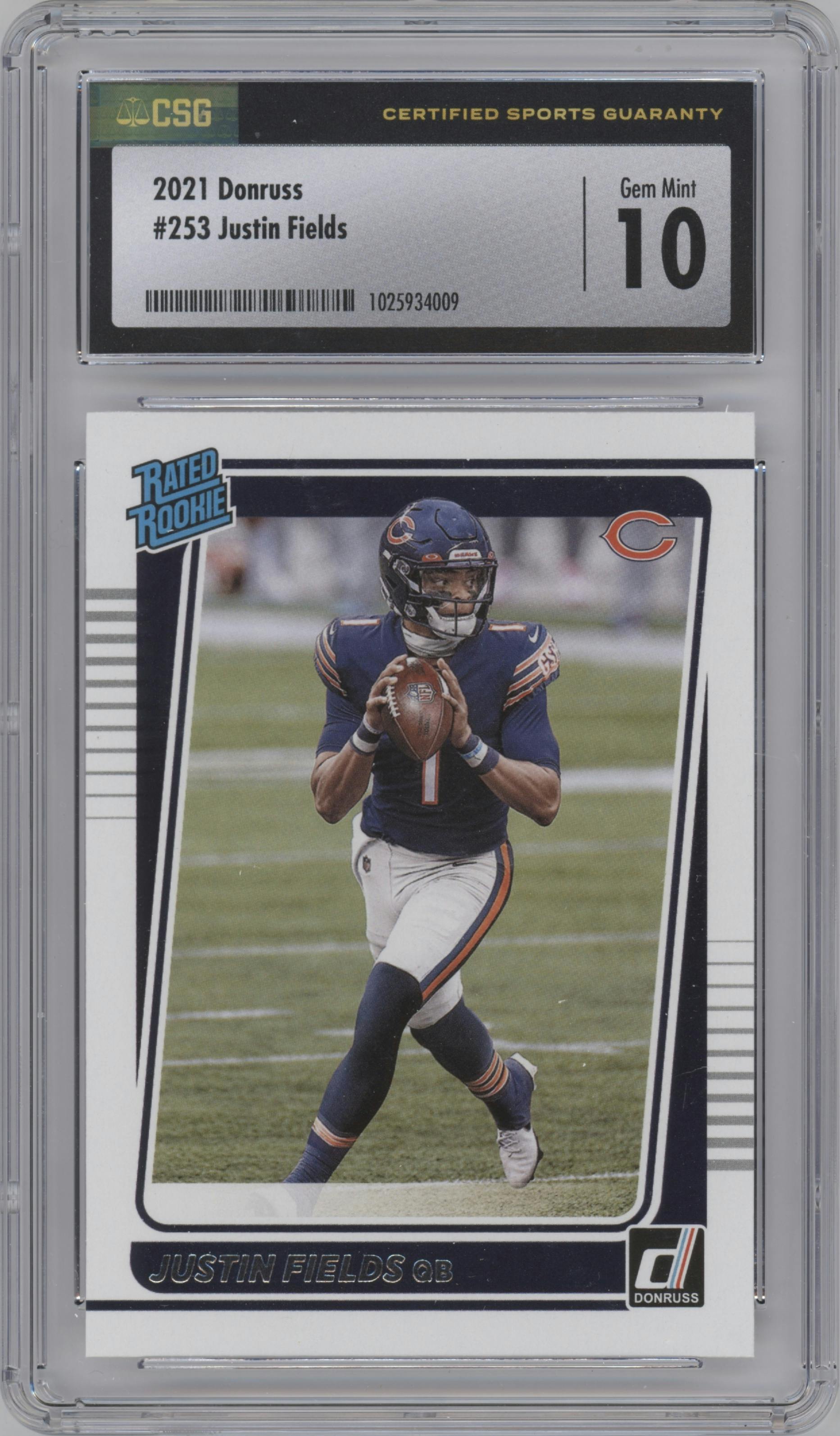 Justin Fields from the 2021 Panini Donruss set graded by CSG and given an overall grade of 10.