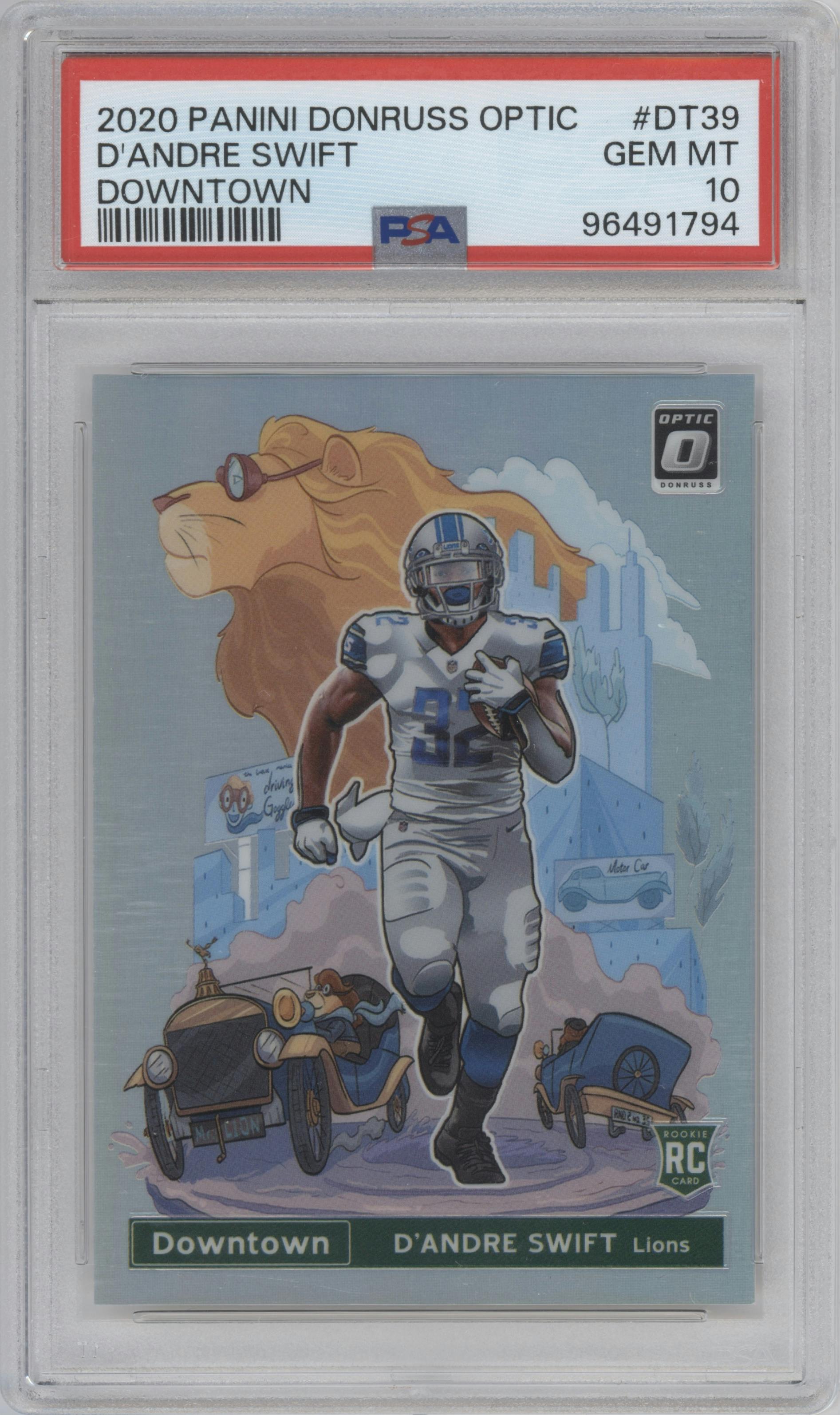D'Andre Swift from the 2020 Panini Donruss Optic set graded by PSA and given an overall grade of 10.