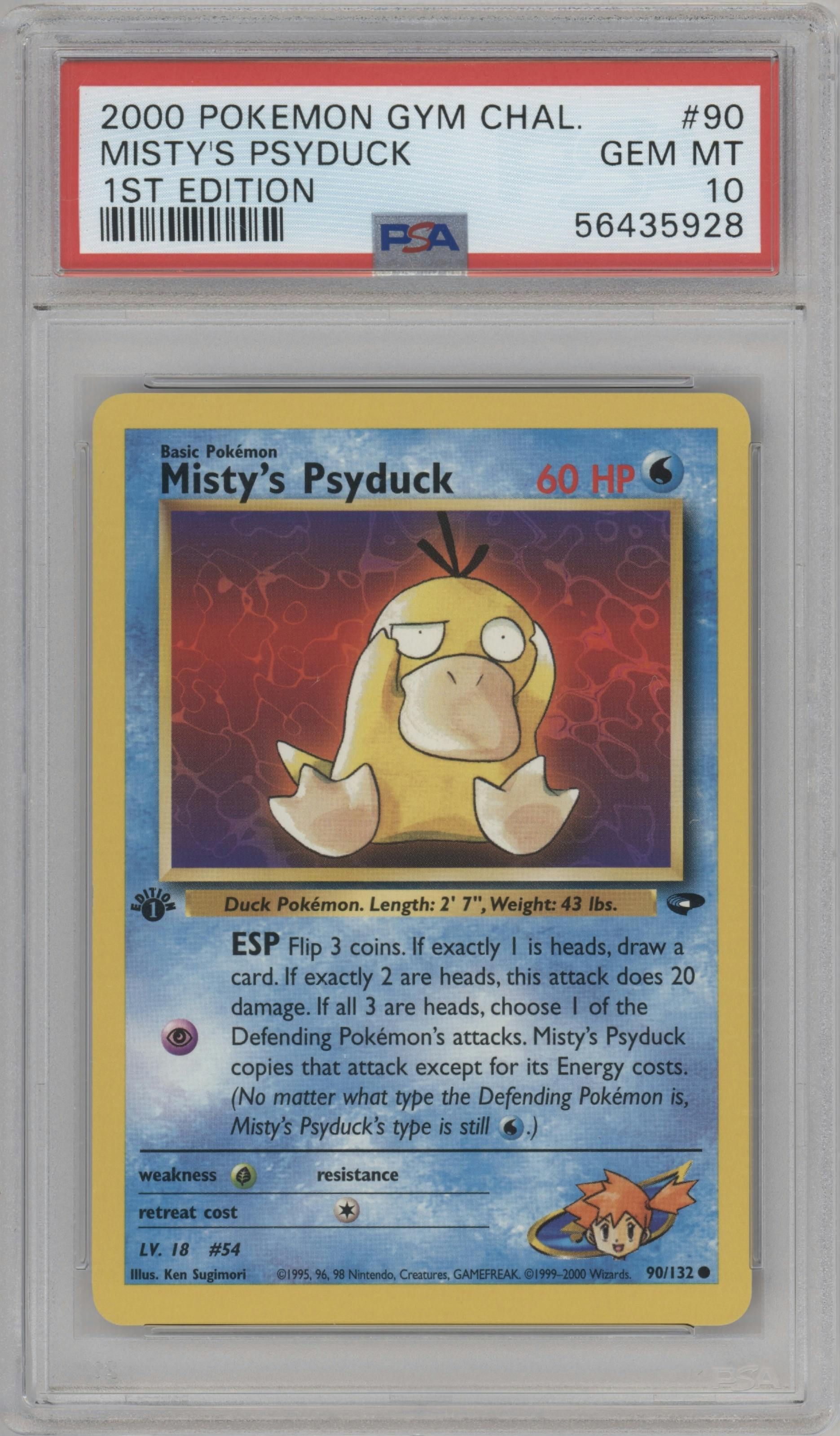 Misty's Psyduck from the 2000 Pokemon GH set graded by PSA and given an overall grade of 10.