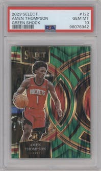 Amen Thompson from the 2023-24 Panini Select  set featuring a Green Shock Prizm parallel graded by PSA and given an overall grade of 10.