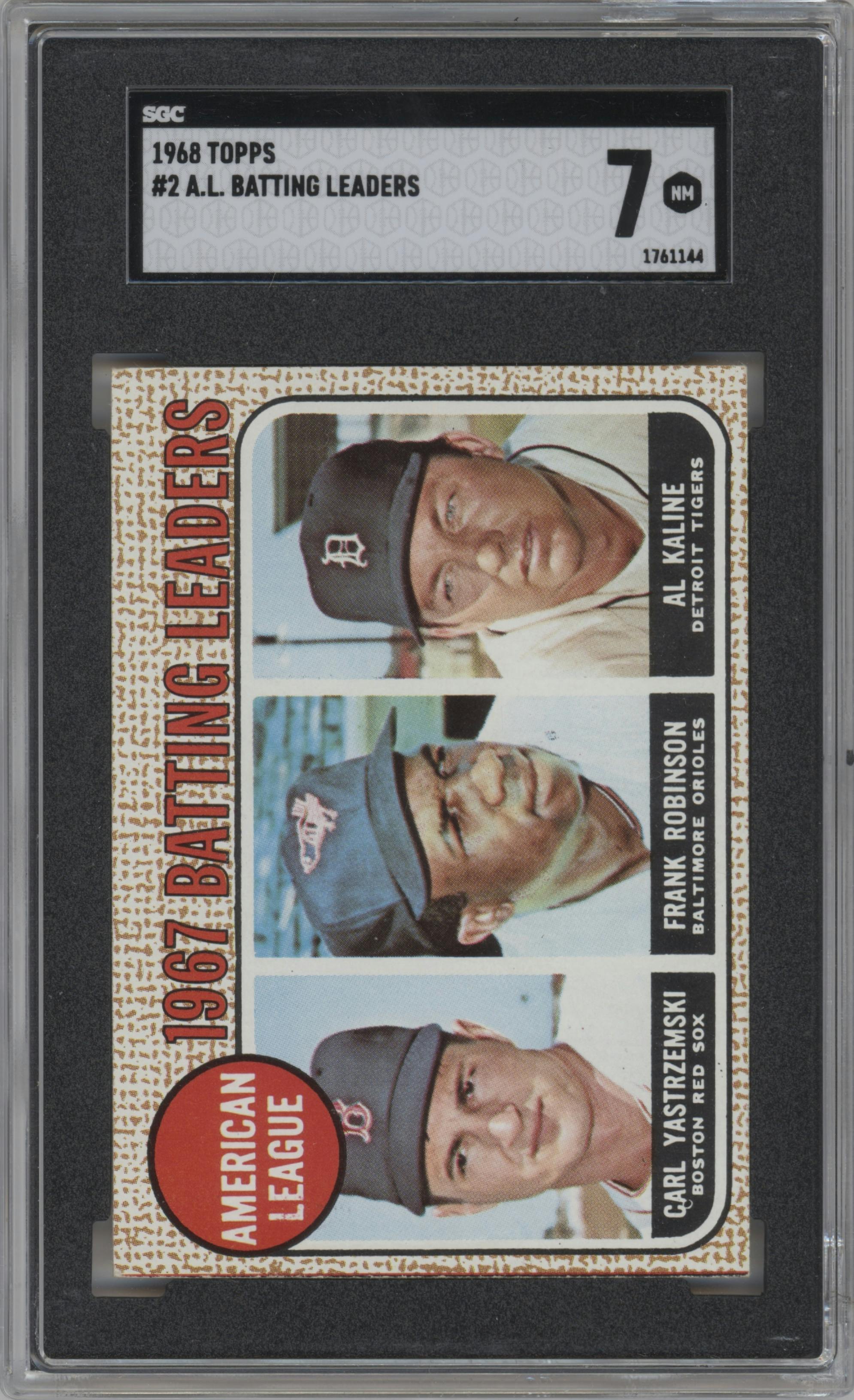 Carl Yastrzemski/Frank Robinson/Al Kaline from the 1968 Topps set graded by SGC and given an overall grade of 7.