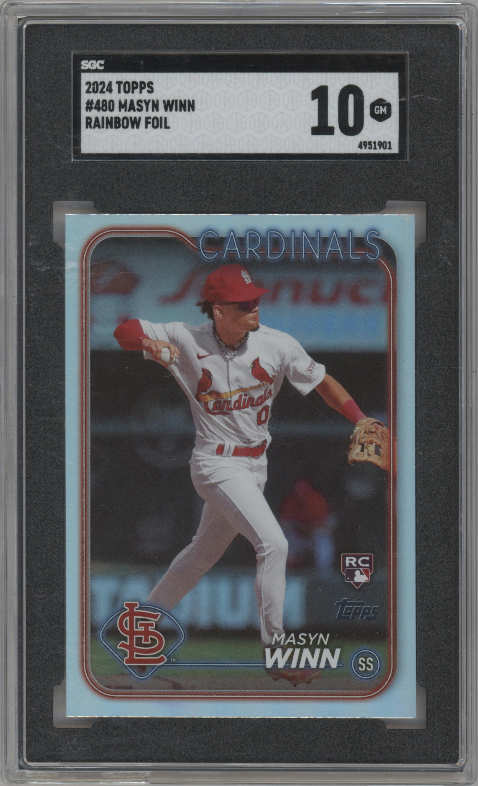 Masyn Winn from the 2024 Topps  set featuring a Rainbow Foil parallel graded by SGC and given an overall grade of 10.